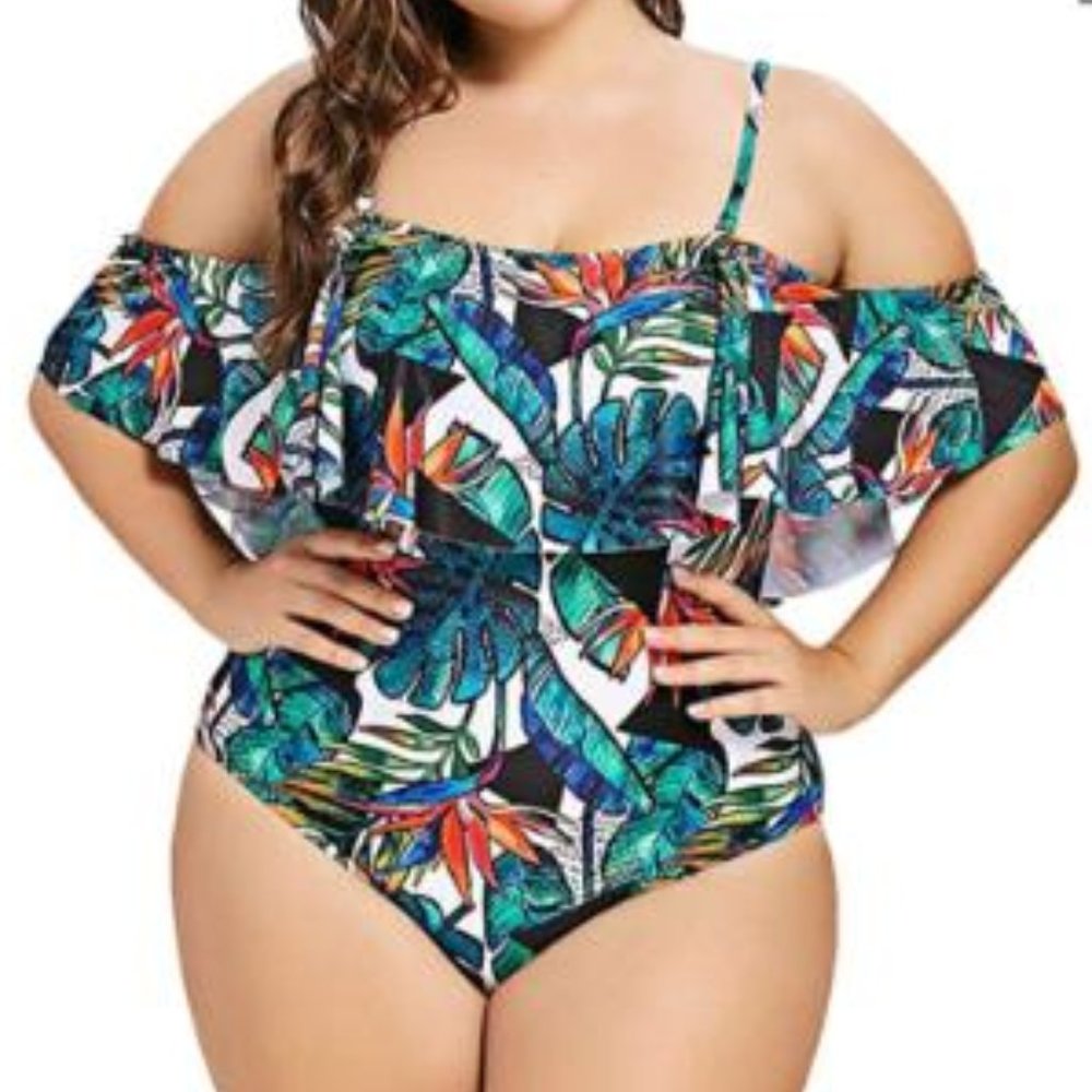 Tropical Off the Shoulder One Piece Swimsuit Sz 4X